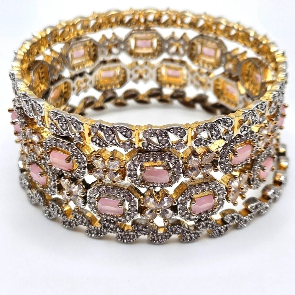 Pastel Pink and White Rhinestone Gold Tone Bangle Bracelet Set of 4 - Picture 2 of 5